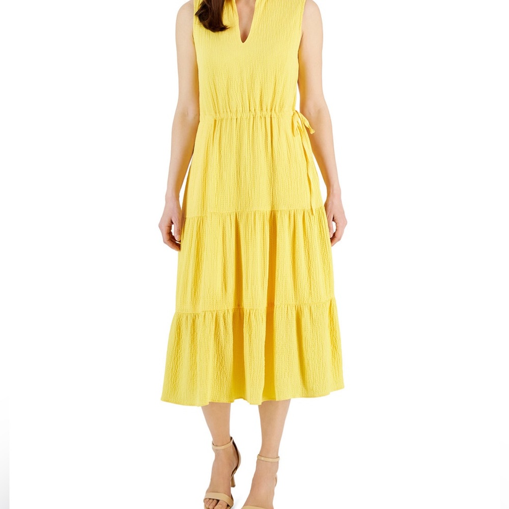Women's Split-Neck Sleeveless Tiered Midi Dress
